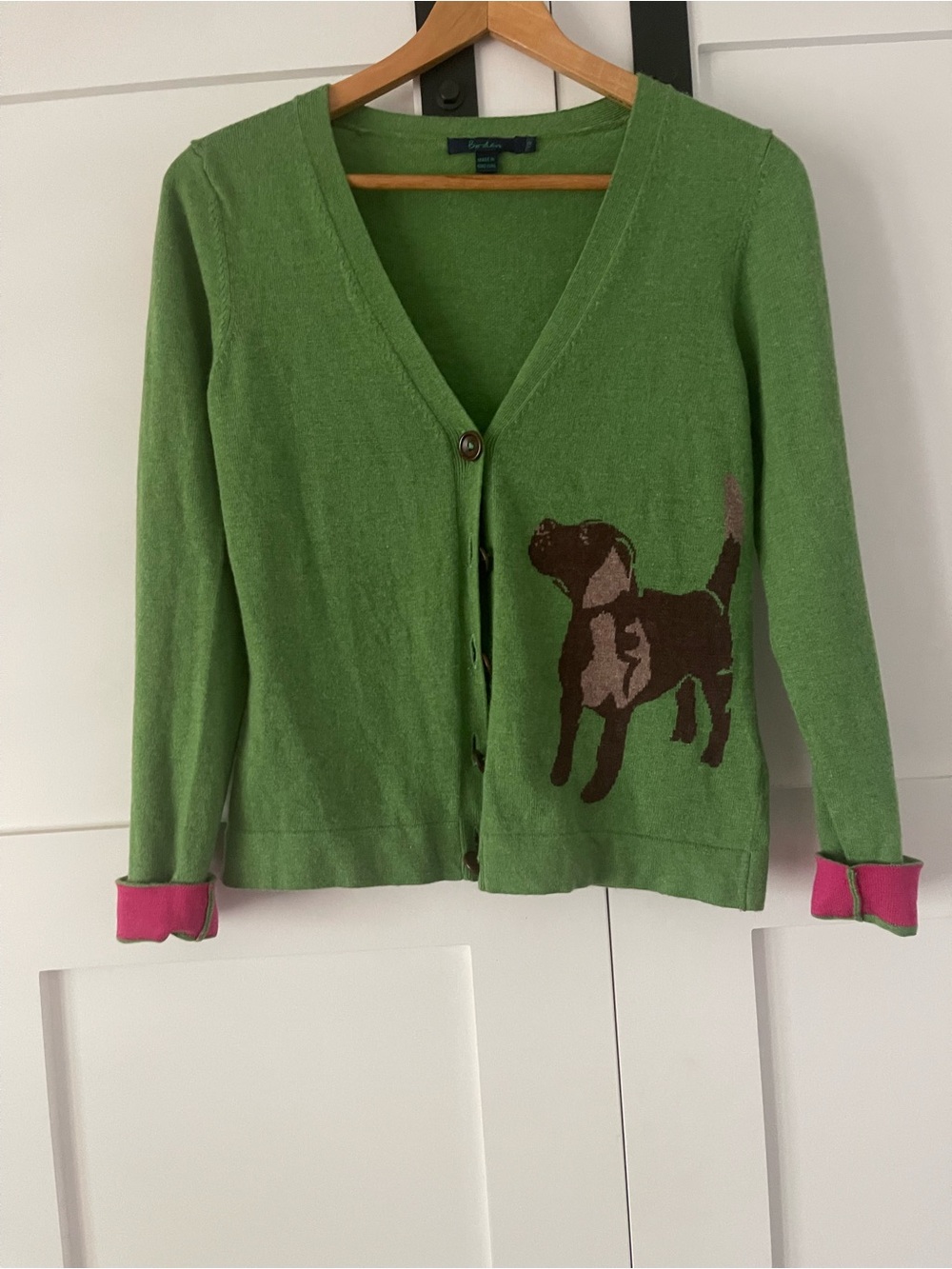 Boden Green Dog Knit Cardigan – Brown Dog Graphic – Pink Cuffs – Size 10 NWOT
